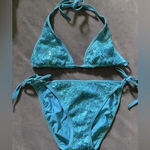 Teal sequined triangle bikini